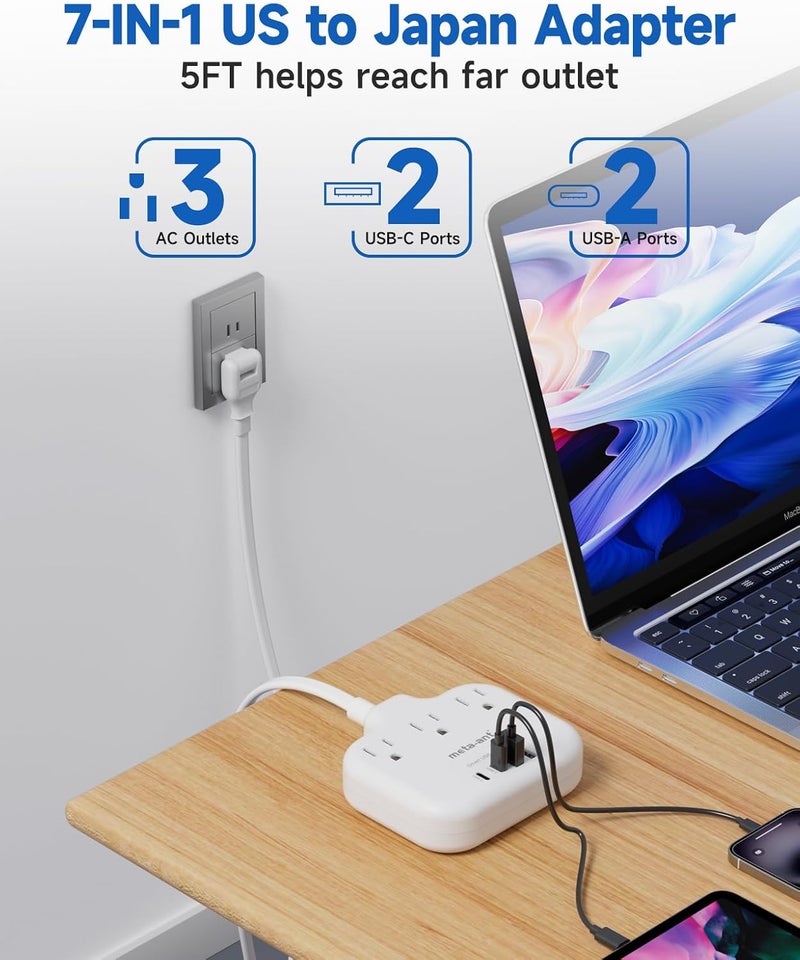 meta-ant US to Japan Adapter, 2 Prong to 3 Prong Outlet Adapter with 3 Outlets & 4 USB(2 USB-C), 5FT Extension Cord, 180 Rotating Flat Plug 1875W, Type A Plug Adapter for USA to Japanese China Canada - Image 5